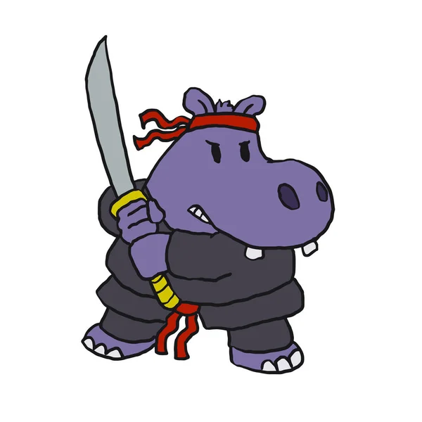 Grappige Nijlpaard Ninja Cartoon — Stockvector