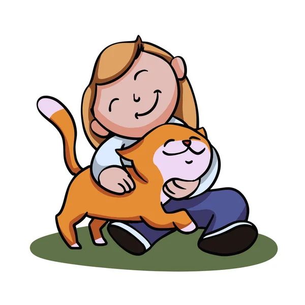 Meisje Met Haar Kat Cartoon — Stockvector