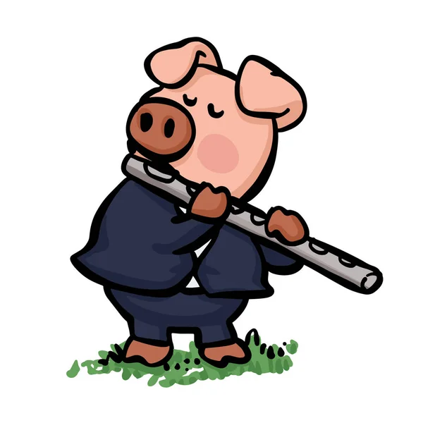 Pig Playing Flute Cartoon — Stock Vector