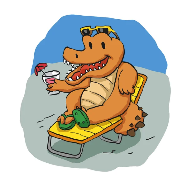 Crocodilo Jovem Uma Cadeira Praia Com Coquetel —  Vetores de Stock