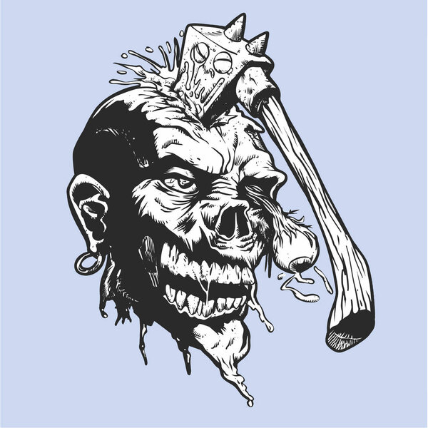 Cartoon zombie with axe in his head - Vector illustration