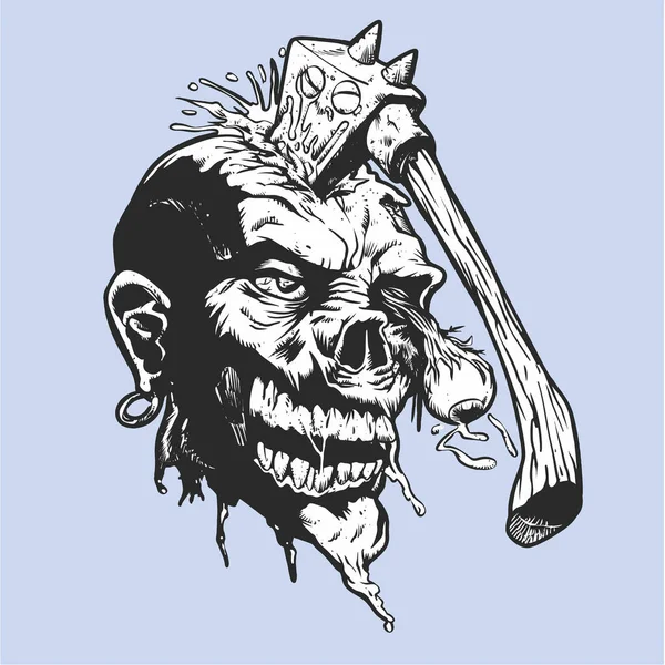 Cartoon Zombie Axe His Head Vector Illustration — Stock Vector