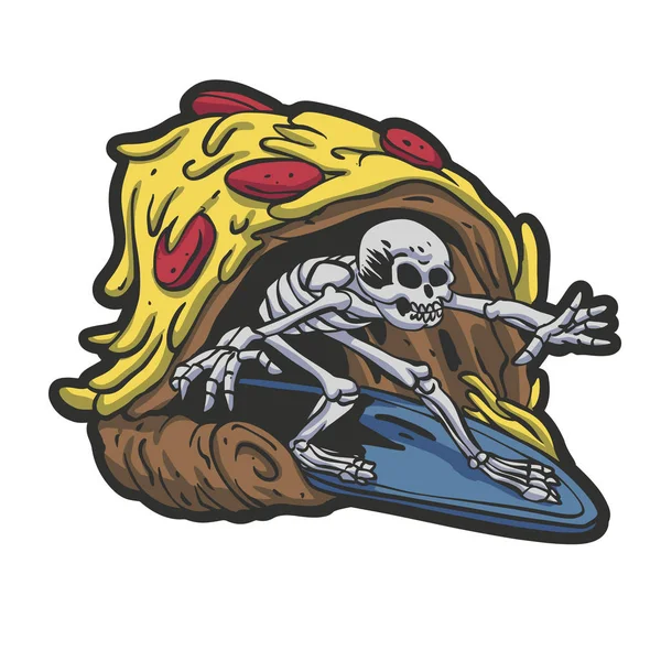 Skeleton Pizza Surf Cartoon Vector Illustration — Stock Vector