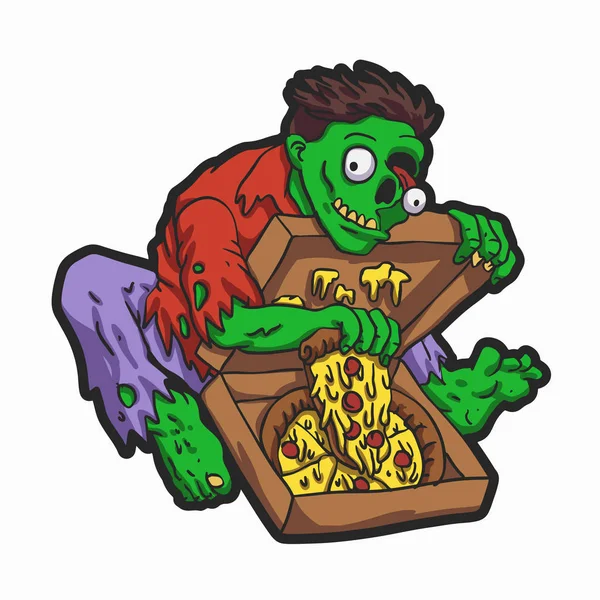 Green Zombie Eating Pizza Vector Illustration — Stock Vector