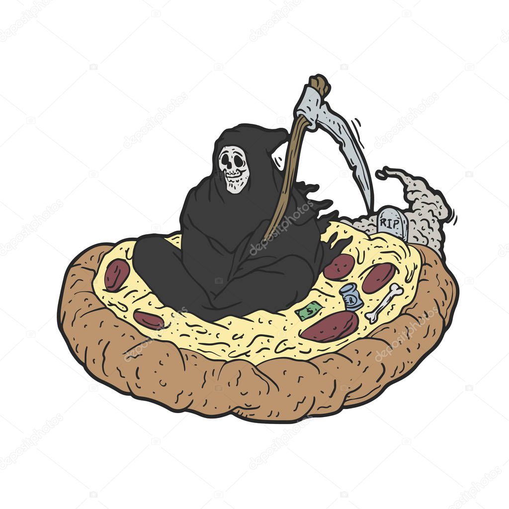 Grim reaper flying over a pizza - Vector illustration