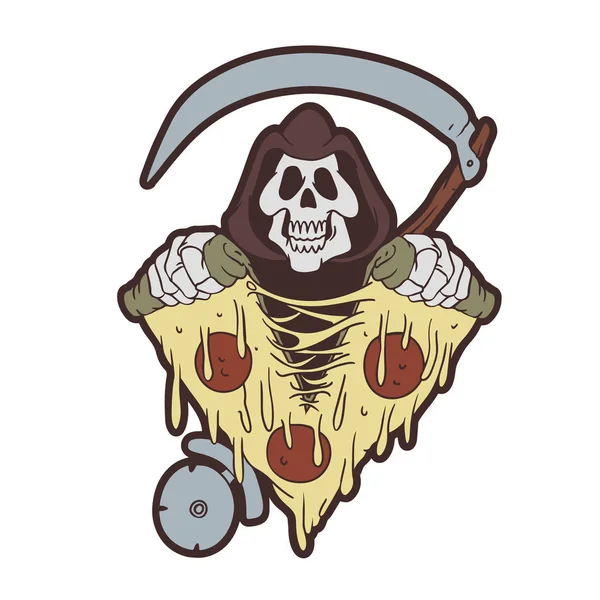 Grim Reaper Scheuren Een Pizza Vector Illustratie — Stockvector