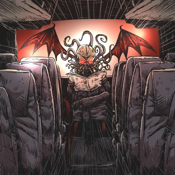 Monster reading newspaper in travel bus