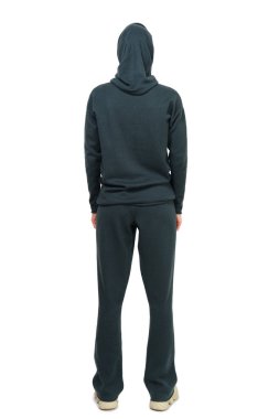 Çekici model jersey elbise gösterir. Bahar - sonbahar gündelik kıyafeti.