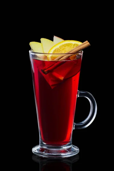 Transparent Glass Hot Mulled Wine Isolated Black — Stock Photo, Image