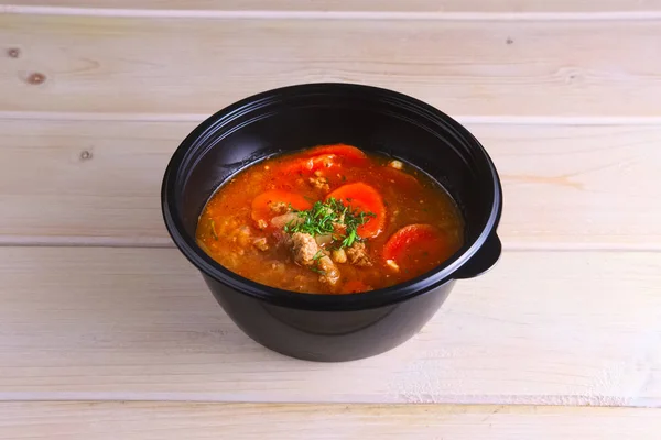 Sour Cabbage Beef Soup Carrot Tomato Take Away Packaging — Stock Photo, Image