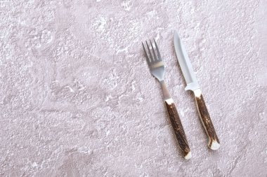 Kamp çatal ile beton yüzey ve boynuz saplı bıçak Üstten Görünüm