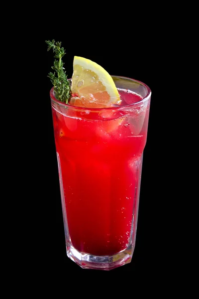 Glass of cranberry and lemon lemonade isolated on black — Stock Photo, Image
