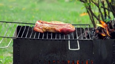 Barbekü üzerine kaburga yerleştirin. Izgara Barbekü Domuz Kaburga Sıcak Flaming Grid Açık