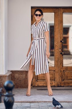 Giriş önünde poz çizgili elbiseli Pretty bayan