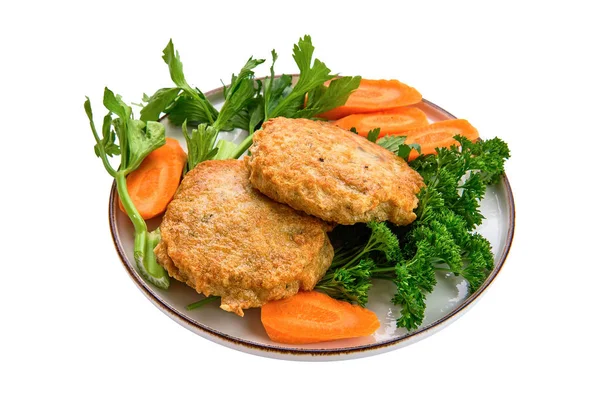 Fried beef cutlet in breading with fresh carrot isolated on white — Stock Photo, Image