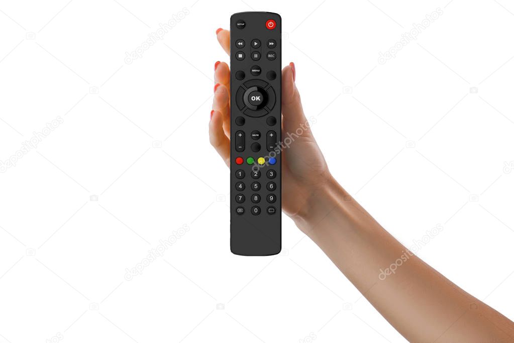 Hand holding universal remote control isolated on white