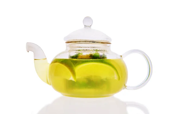Transparent Pot Lime Mint Ginger Tea Isolted White — Stock Photo, Image
