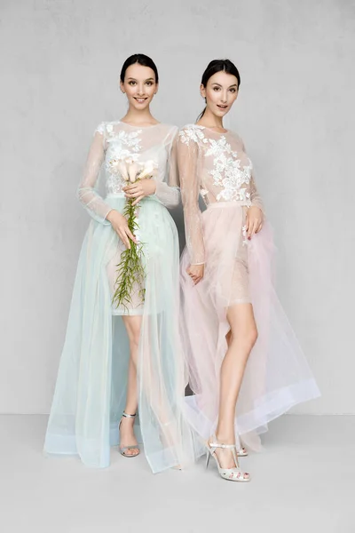 Dos Hermosas Chicas Vestidos Tul Transparentes Con Encaje Posando Manera — Foto de Stock
