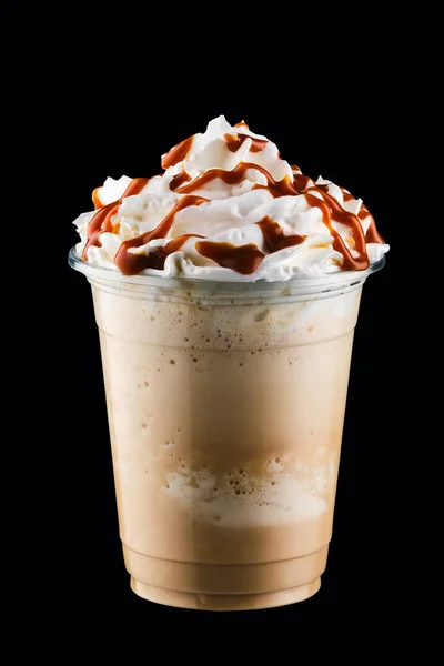 Caramel Milkshake Take Away Cup Isolated Black Background — Stok Foto