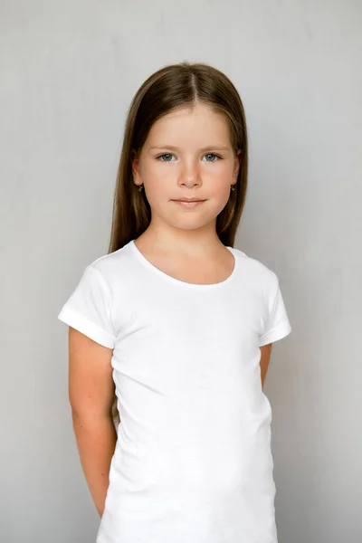 Cute Young Child Long Hair White Shirt Black Sweatpants Posing — Stock Photo, Image