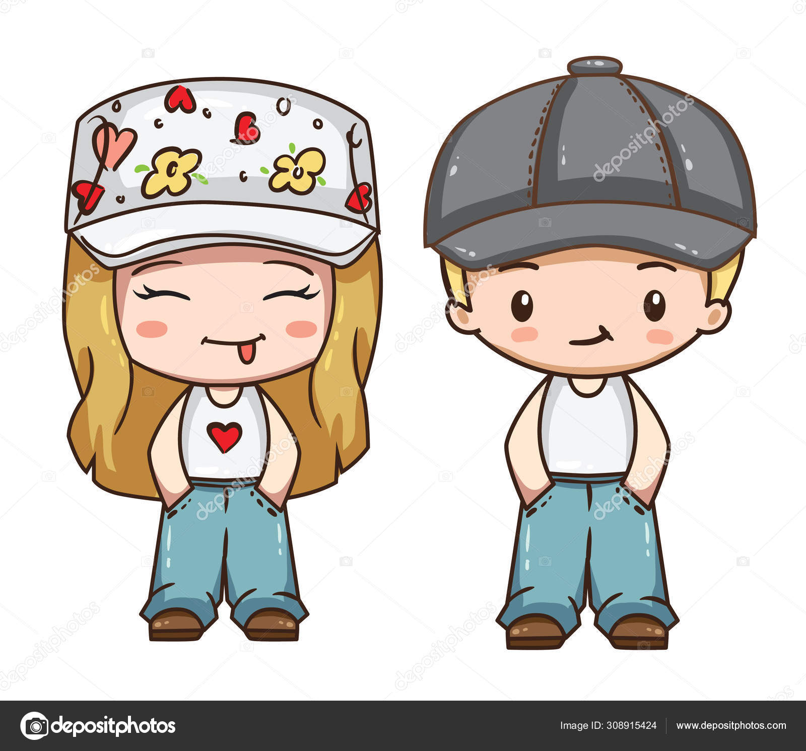Vector Illustration Cute Chibi Character Cartoon Boy Girl Blue Jeans Stock Vector Image By C Joycolor