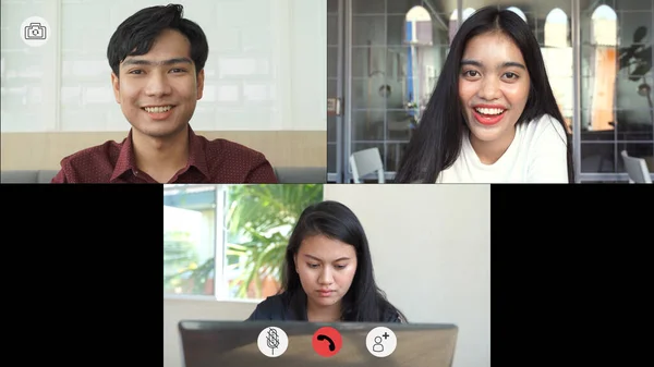 Video Call Screen Shot Faces Asian Colleagues Partners Meeting Remotely Stok Resim