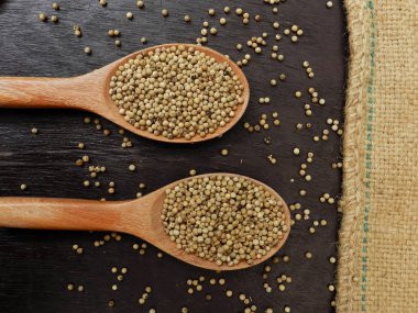 Tahta kepçe içinde beyaz biber eski ahşap masa ve çuval bezi arka planda