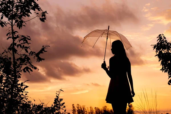 夕暮れ時の空に傘を持っている女性のシルエット — ストック写真