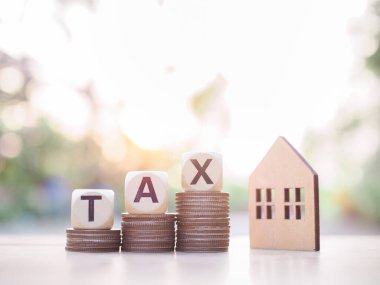 Minyatür ev ve ahşap bloklar. Üzerinde de vergi yazıyor. Konut kredisi, emlak yatırımı, ev kredisi, emlak vergisi kavramı