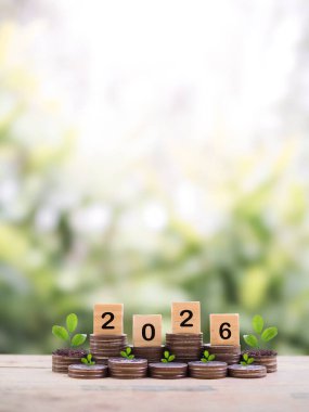 2026 numaralı tahta bloklar ve madeni paraların üzerinde büyüyen bitkiler. 2026 yılında para, finans, yatırım ve işletme tasarruf kavramı büyüyor.