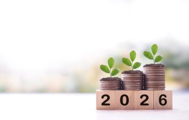2026 numaralı tahta bloklar ve madeni paraların üzerinde büyüyen bitkiler. 2026 yılında para, finans, yatırım ve işletme tasarruf kavramı büyüyor.
