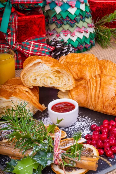 Christmas Continental Croissants Breakfast Festive Breakfast Croissants Homemade Strawberry Jam — Stock Photo, Image