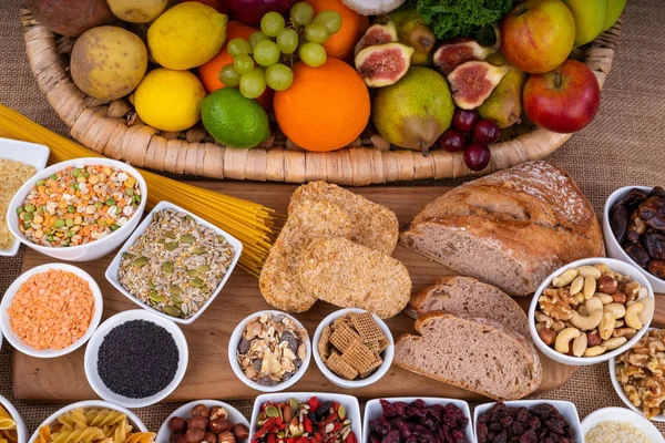 Ballaststoffreiche Gesunde Nahrungsmittelvielfalt Ballaststoffreichen Gesunden Supernahrungsmitteln Obst Und Nahrungsmittel — Stockfoto