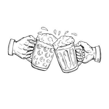 Bir bira içelim. İki elle tutarak ve bira gözlük kupa ile sorun. Vintage vektör resmi web, poster, oktoberfest festival alanı partiye davet için oyma. 