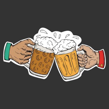 Bir bira içelim. İki elle tutarak ve bira gözlük kupa ile sorun. Vintage vektör resmi web, poster, oktoberfest festival alanı partiye davet için oyma. 