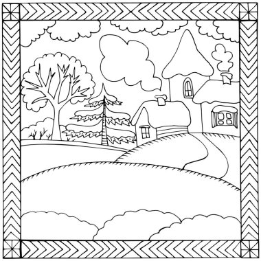 Kış manzara eski Rus tarzıçizilir. Elle çizilmiş vektör doodle'ı. Tasarım Zentangle