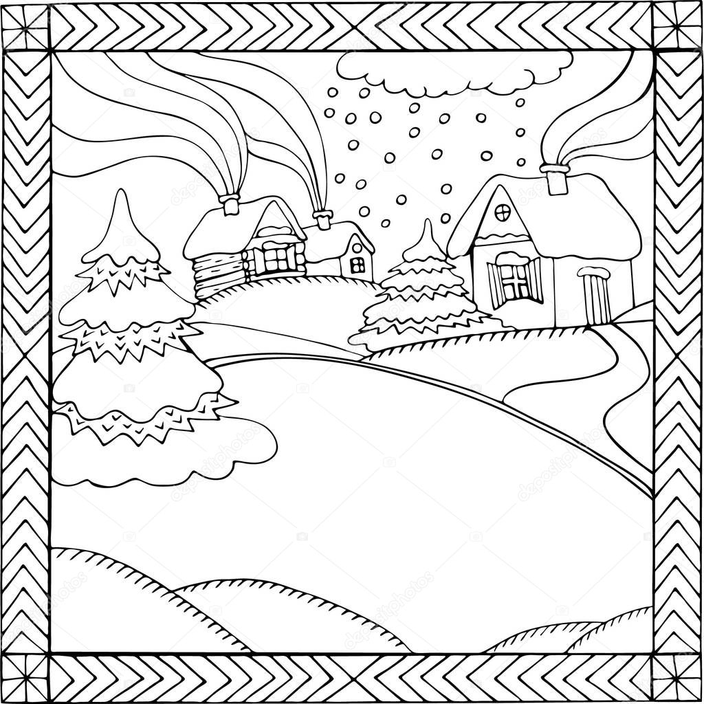 The winter landscape is drawn in old Russian style. Hand drawn vector doodle. Design Zentangle