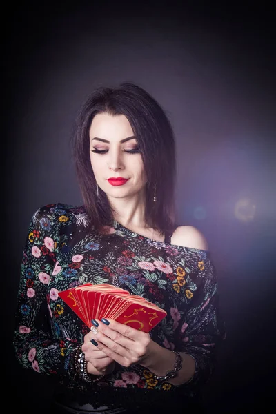 Beautiful Fortune Teller Wondering Tarot Cards Predicting Future Access Astral — Stock Photo, Image