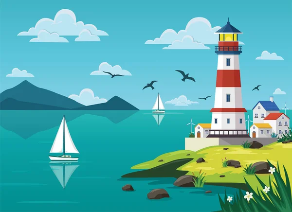 Kayalıklardaki deniz feneri ada manzarası, düz bir Mercusuar kulesi çizimi.