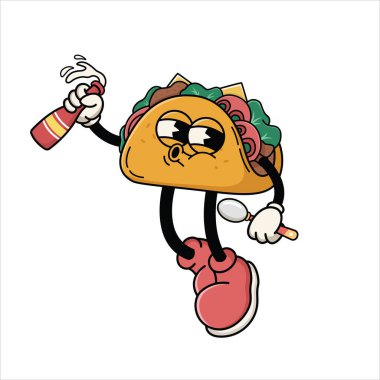 Çizgi film Taco Karakteri Sos Şişe ve Kaşık Tutma