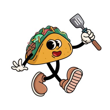 Funny Taco Cartoon Character Holding Spatula