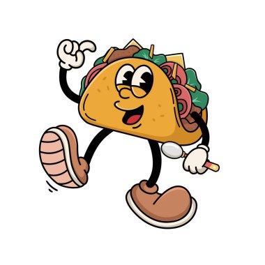 Happy Taco Cartoon Character Walking with Spoon