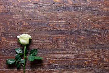 Beyaz kahverengi eski ahşap bir masa üzerinde yükseldi. Metin veya etiketi için alan