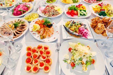 Güzel yemek ziyafet tablo farklı yemek aperatifler ve mezeler Kurumsal Tarih, Noel, Doğum günü, parti olay veya düğün kutlama ile dekore edilmiş