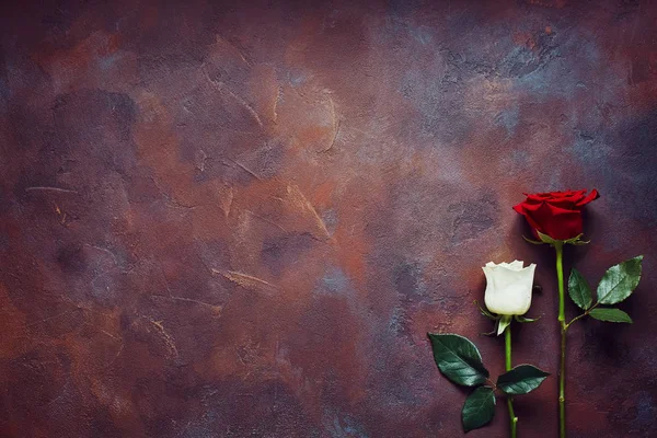 Zwei Rosen Liegen Auf Einer Steinplatte Raum Für Text — Stockfoto