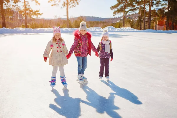 Три Маленькие Девочки Катаются Льду Отдых Природе — стоковое фото