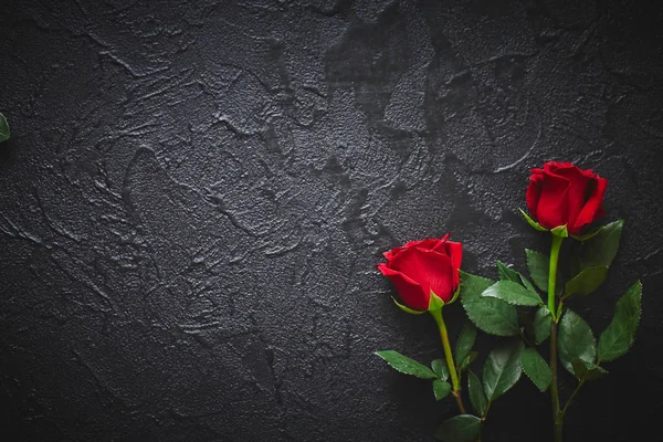 Dvě červené růže na tmavém černém kamenném pozadí. Místo pro text — Stock fotografie