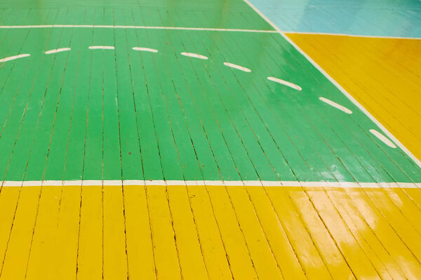 School sporting hall. Detail of markings on the floor in the gym
