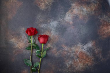 Kırmızı güller dokulu benekli mermer arka plan üzerinde yatıyor. Taziye işareti, kayıp için sempati. Metniniz için alan
