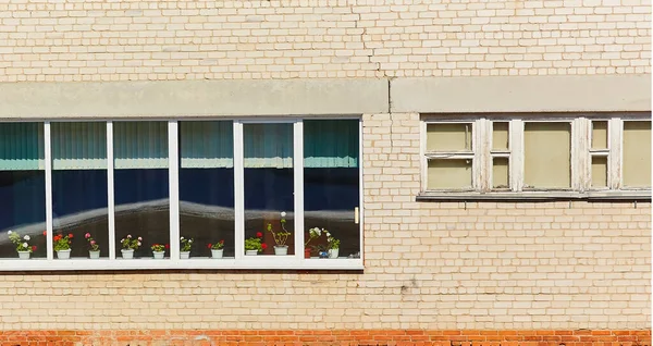 창턱에 나무 프레임이있는 창문이있는 오래된 벽돌 건물의 벽이 제라늄을 피고 있습니다. — 스톡 사진